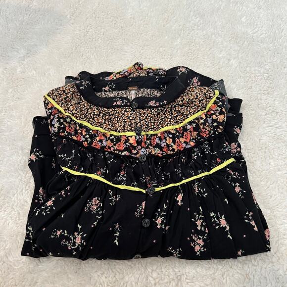 Free People‎ Paloma Floral Button Up Blouse Top Black Long Sleeve Size Small - Picture 1 of 7